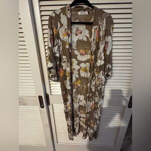 Ava Sky Brown Floral Kimono with Pink and White